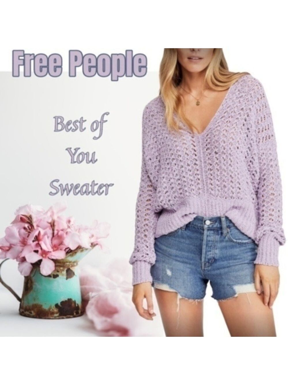 FREE PEOPLE Best of You Open-Knit Deep V-Neck Cotton Sweater/LG NWT